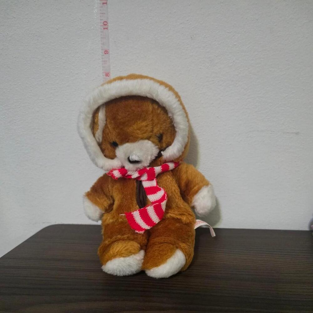 vintage winter teddy bear stuffie in zippered snow suit and scarf #teddybear #pl
